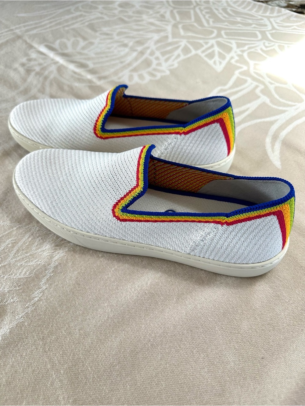 Rothy’s Retired The Driver White Rainbow Trim Loafers Size 9